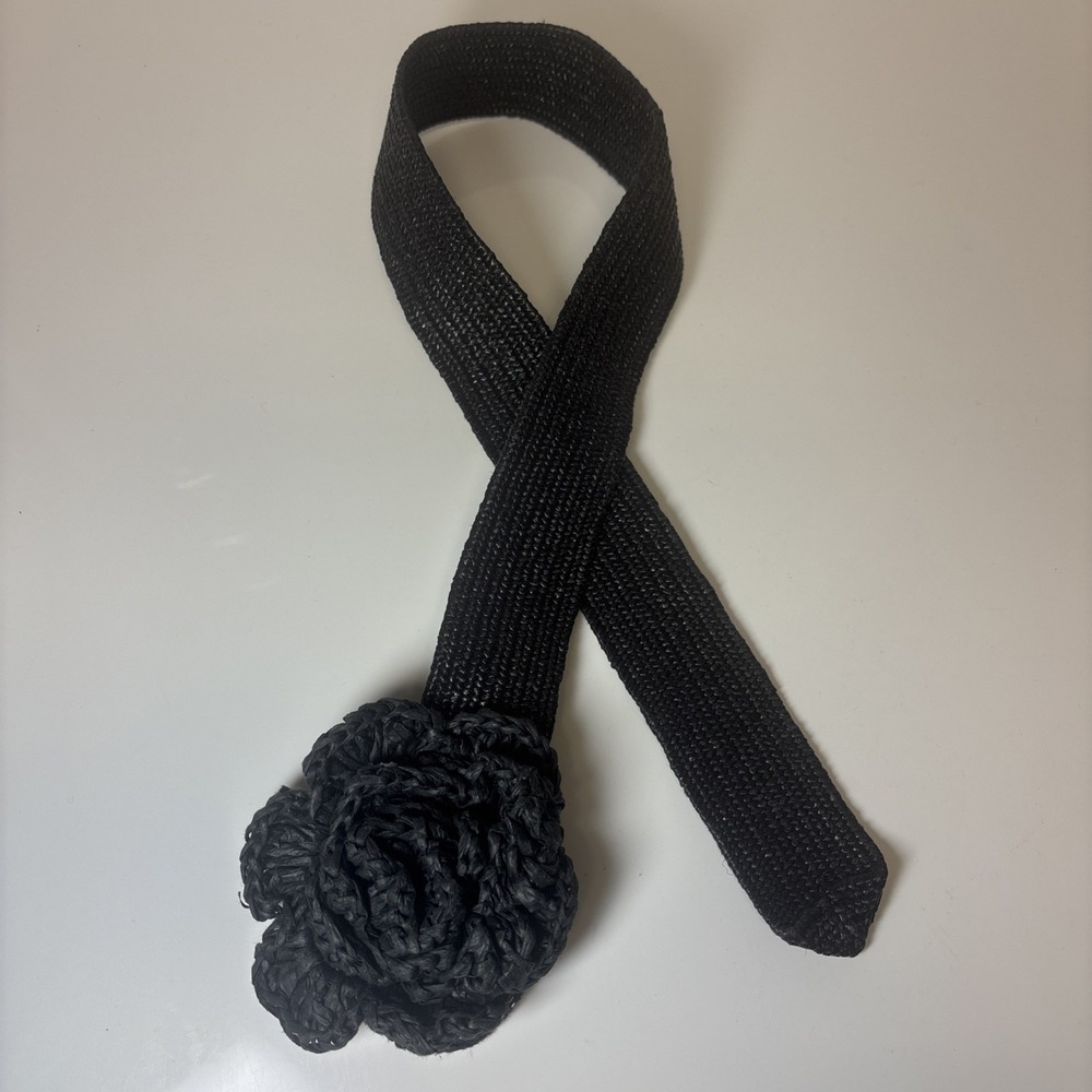 Todomoda Black Woven Straw Belt with Large Flower Buckle Statement Accessory